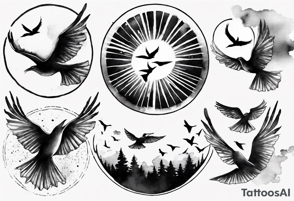 a shoulder round shape tattoo with lots of rays of light in gradient starting from the middle
, clouds and birds flying free tattoo idea