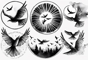 a shoulder round shape tattoo with lots of rays of light in gradient starting from the middle
, clouds and birds flying free tattoo idea