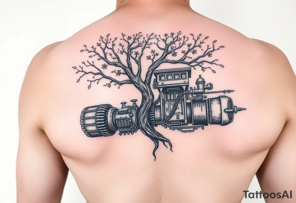 tree grown into an engine steam punk floating through the sky, machine is a home and a flying machine tattoo idea