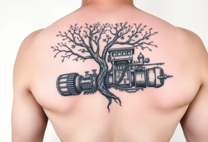 tree grown into an engine steam punk floating through the sky, machine is a home and a flying machine tattoo idea