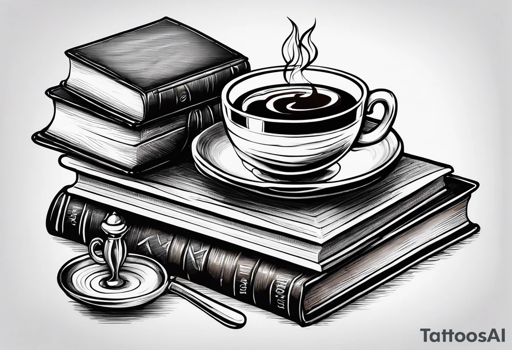 4 stacked books with a cup of coffee on top tattoo idea