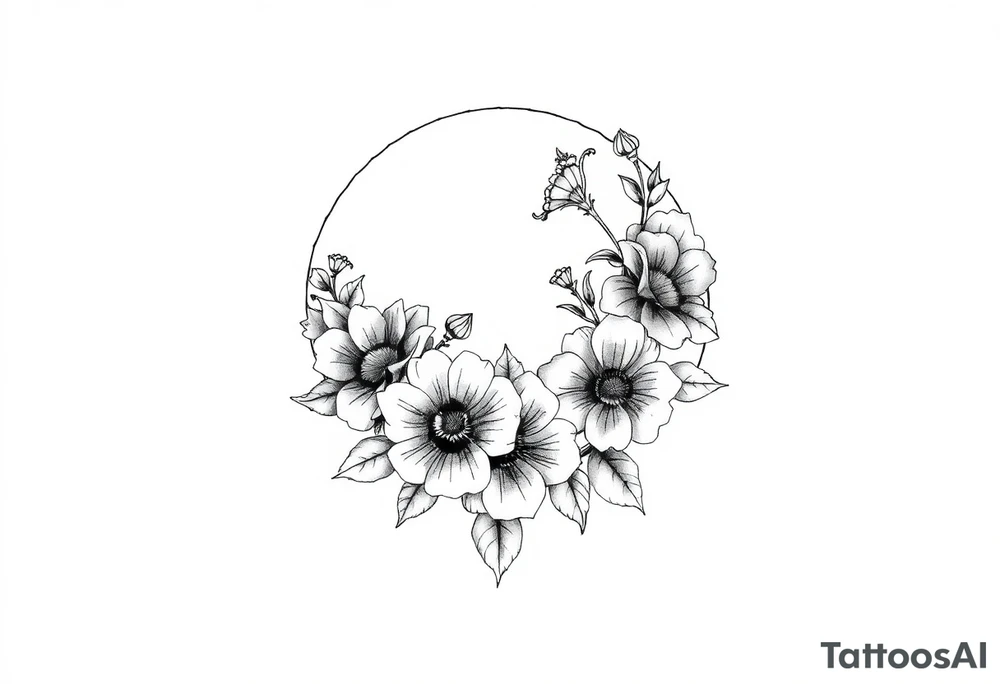 moon-shaped diferent flowers tattoo idea