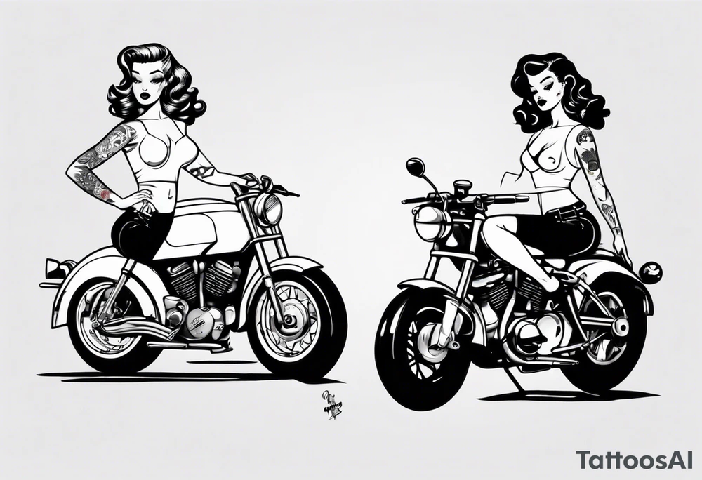 Pinup doll next to motorbike tattoo idea