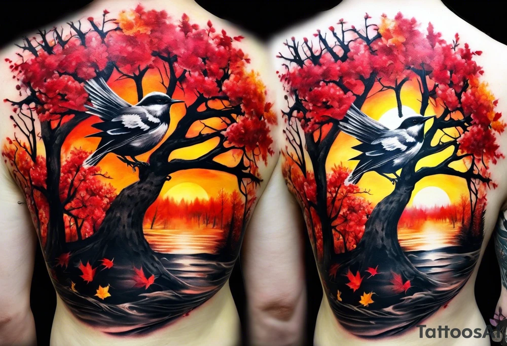 trash polka style. Arm tattoo. chest tattoo. Long tattoo. large tattoo. Full sleeve. Shoulder. A single large maple tree with red autumn leaves that branches upwards from wrist to shoulder. White-throated dipper bird on the trees branches. Calluna flowers at the base of the trees stem. Red/yellow sunset behind the trees stem. Leaves falling. tattoo idea
