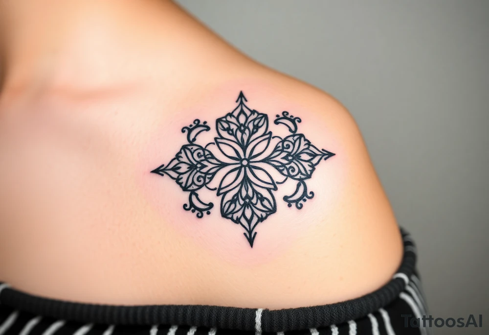 5 Geometric floral circles connected to reflect family unity. Two base elements for my husband and I, intertwined floral patterns like mirrored vines or spiral paisleys representing our identical twins, and a Gemini zodiac sign for my son. Use feminine-yet-bold linework and Interconnected elements tattoo idea