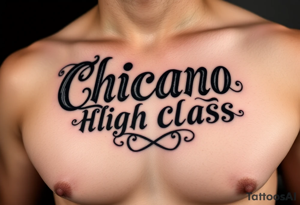 Chicano style lettering of high class with fancy flourish around it tattoo idea