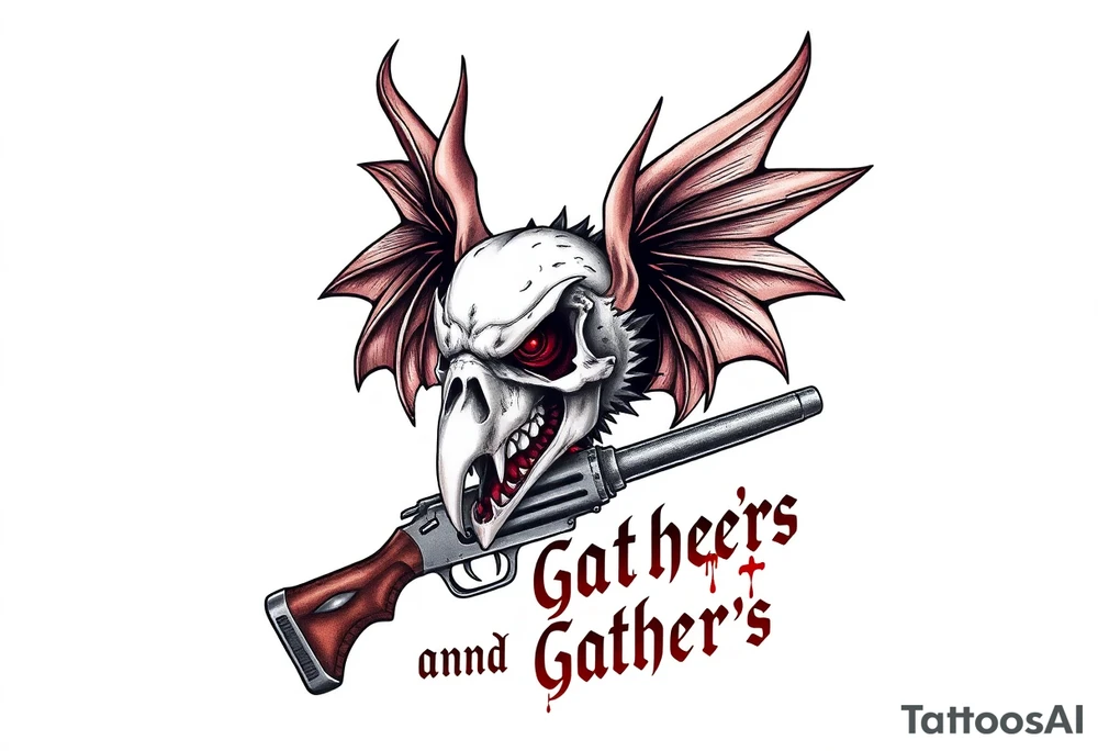 Rabid demon wolf dragon evil eagle's skull on standing on a  futuristic gun sword hatchet are  "hunters and gatherers"written in bloody olde English tattoo idea