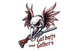 Rabid demon wolf dragon evil eagle's skull on standing on a  futuristic gun sword hatchet are  "hunters and gatherers"written in bloody olde English tattoo idea