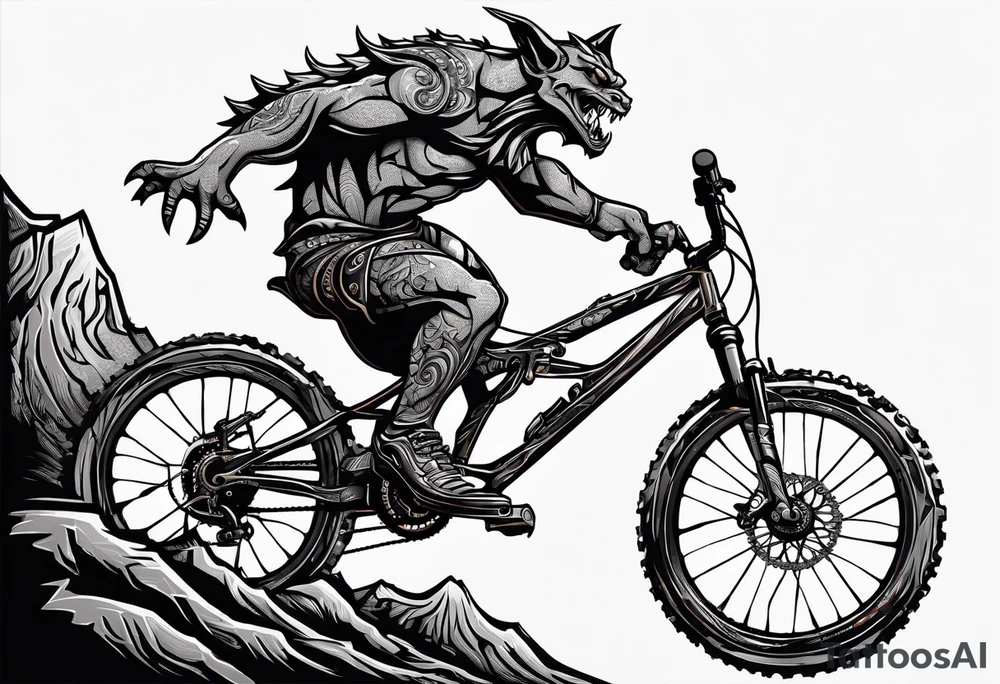 gargoyle riding a full suspension mountain bike with a shadow tattoo idea