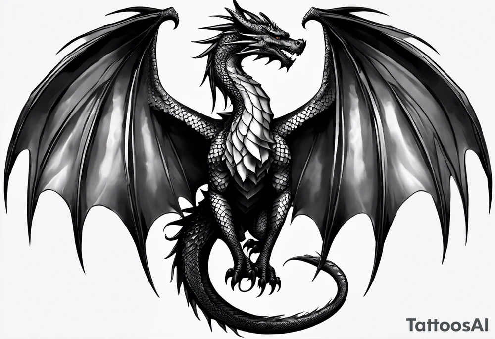 Symmetrical, Realistic dragon, facing forward. With both wings spread out. Torn look to wings. Tails wraps down and has a morning star weapon at the end of tail. The tattoo would be suitable for the centre of a chest tattoo idea