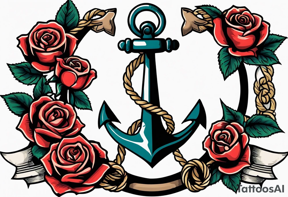 old school anchor sitting at an angle 
with rope wrapped around anchor and banner across anchor and old school roses tattoo idea