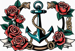 old school anchor sitting at an angle 
with rope wrapped around anchor and banner across anchor and old school roses tattoo idea