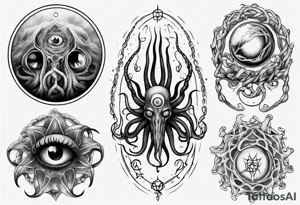 lovecraft long tattoo to put on the forearm, with eye and tentacle tattoo idea