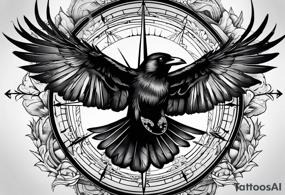 flying crow with compass tattoo idea