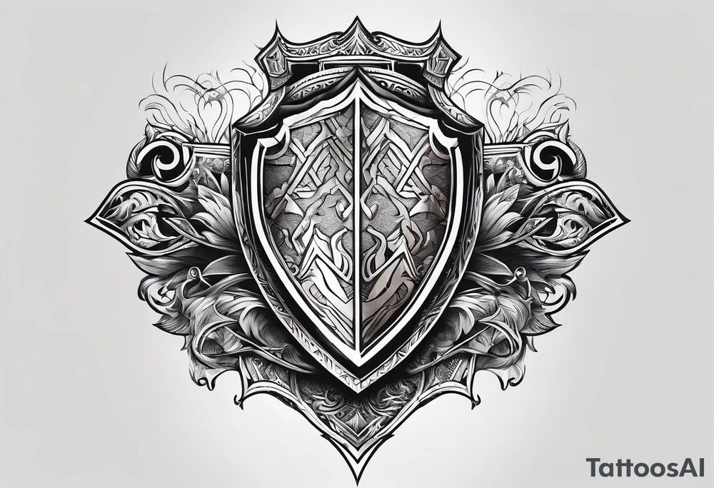 A shield on fire adorned with a mountain and a maul tattoo idea