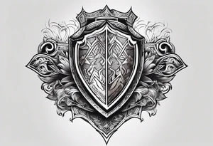 A shield on fire adorned with a mountain and a maul tattoo idea