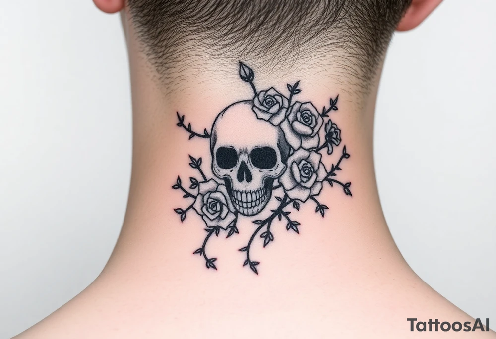 gothic skull intertwined with climbing roses and thorny vines tattoo idea