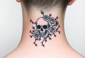 gothic skull intertwined with climbing roses and thorny vines tattoo idea