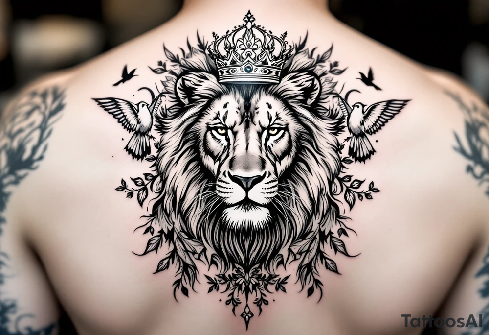 powerful majestic lion with a crown, surrounded by floral ornaments and birds tattoo idea