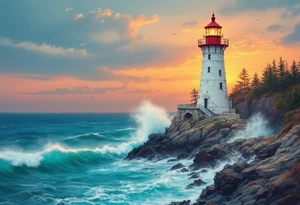 A tall, weathered white lighthouse with a bright red roof and railing, standing boldly on a rocky cliff surrounded by crashing teal-blue waves and glowing under a golden-orange sunset sky. tattoo idea