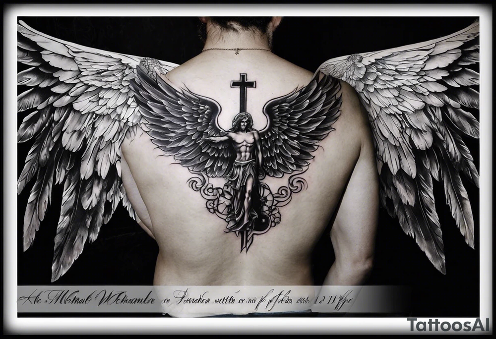 This is a back piece tattoo. Realistic tattoo. The big thing is 2 big wings of archangel Micheal. The meaning of the tattoo is dark about life or death. archangel micheal always protects me from evil things of war. incrustate dark things as skulls. death thing. tattoo ie dark black and white. you can add church stuff. but i want the tattoo to be dark. it represents memento mori. put a big cross of church tattoo idea
