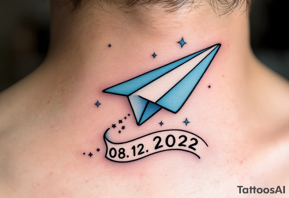 A cartoon-style paper airplane in soft grey and baby blue, trailing a banner with the birthdate 08. 12. 2022. tattoo idea