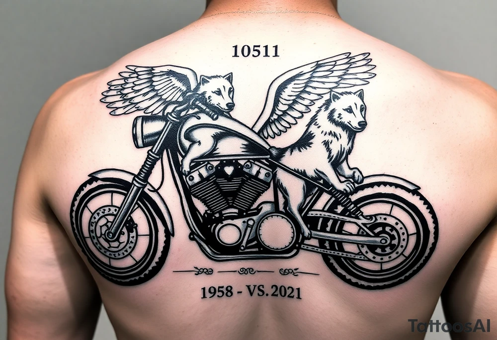 the year 1958 - 2021 with a motorcycle on it with guardian angel wolves tattoo idea