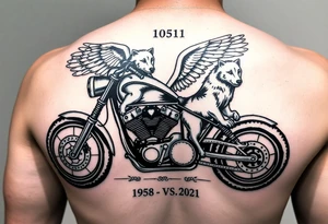 the year 1958 - 2021 with a motorcycle on it with guardian angel wolves tattoo idea