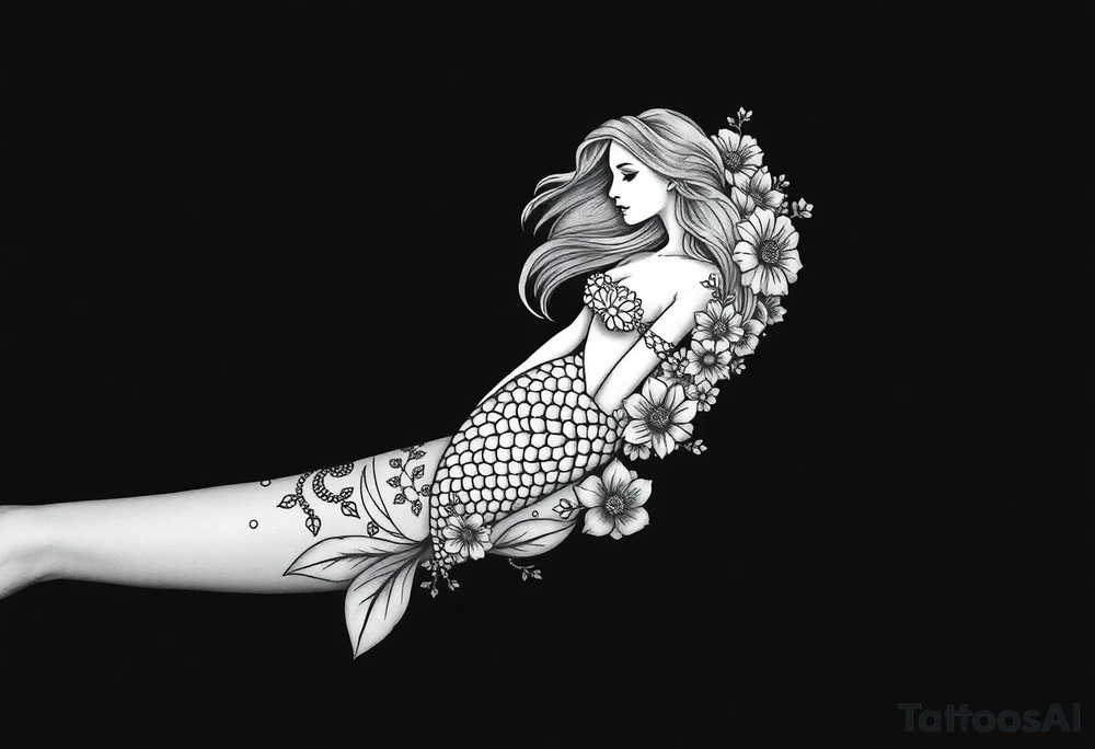 ethereal mermaid with flowing hair among coral and sea flowers tattoo idea