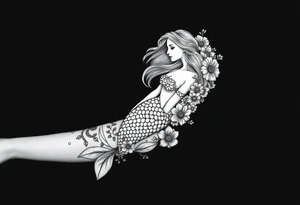 ethereal mermaid with flowing hair among coral and sea flowers tattoo idea