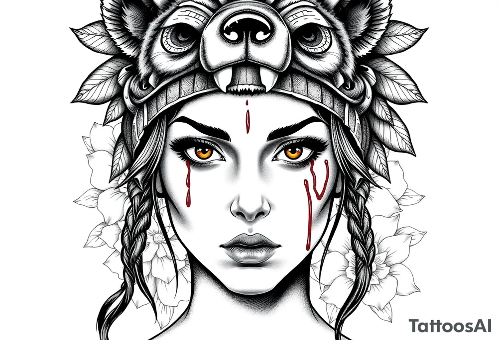 Young Symmetrical Beautiful Woman, looking forward, with colored eyes, shedding a tear, with battle scars and blood on face, with soft look, wearing a mean looking bear headdress on head, with flower background tattoo idea