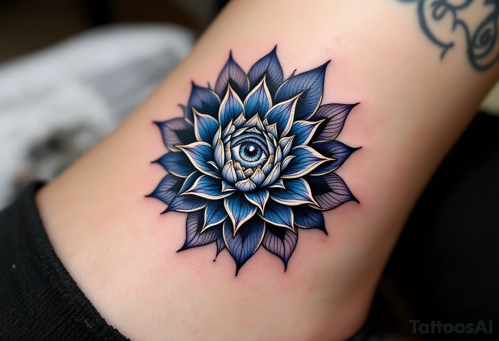 A deep indigo lotus flower with a central eye and subtle gold highlights around the petals. tattoo idea