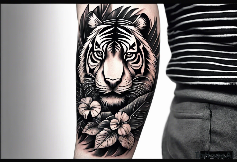 Full arm tattoo sleeve design.  Small minimalist tiger coming down front of shoulder, monstera foliage on forearm, beach landscape on bicep tattoo idea