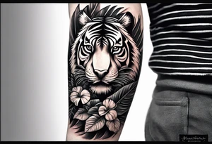Full arm tattoo sleeve design.  Small minimalist tiger coming down front of shoulder, monstera foliage on forearm, beach landscape on bicep tattoo idea