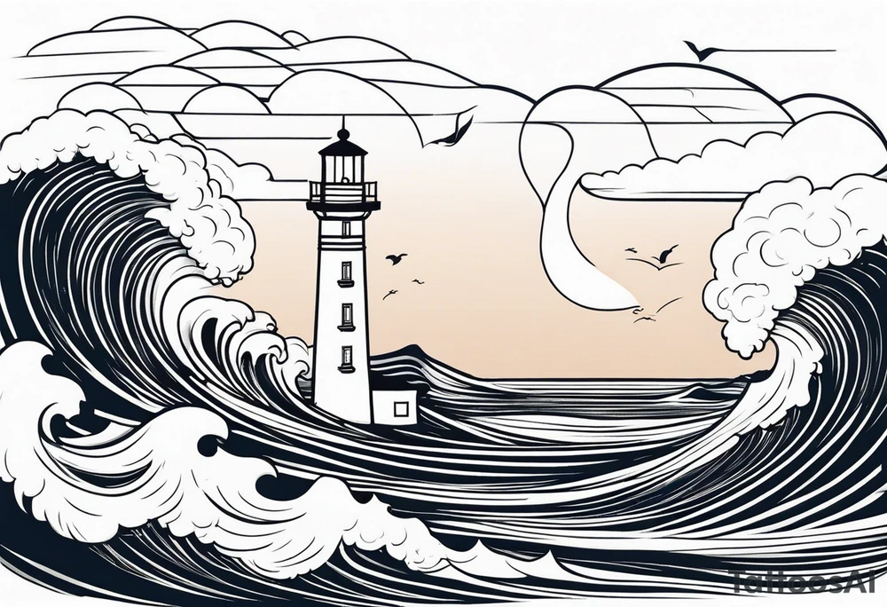 lighthouse at the ocean and waves, minimalist, fine line tattoo idea
