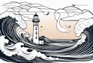 lighthouse at the ocean and waves, minimalist, fine line tattoo idea