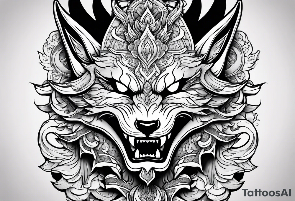 Split one side kitsune, other side oni mask tattoo idea