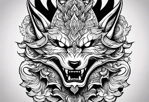 Split one side kitsune, other side oni mask tattoo idea