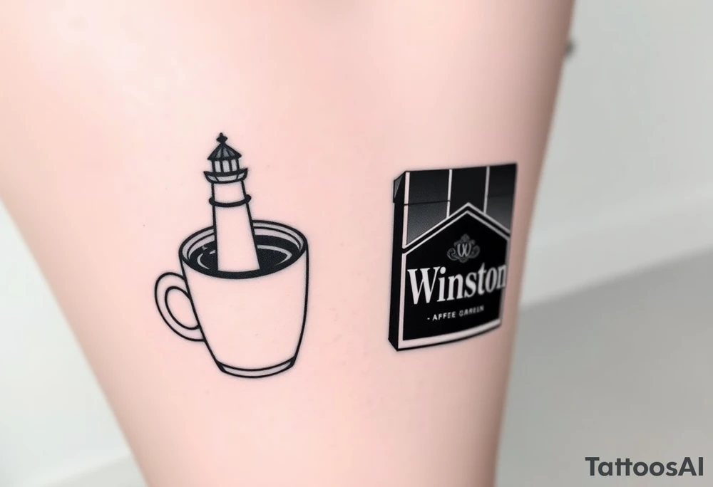 A mug of coffee
 with a lighthouse on it and a pack of Winston cigarettes laying next to it tattoo idea