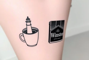 A mug of coffee
 with a lighthouse on it and a pack of Winston cigarettes laying next to it tattoo idea