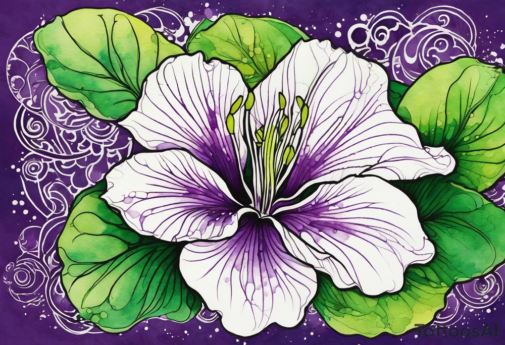 A mystical outline of a green rio dipladenia flower and a green/purple watercolor splatter in the background tattoo idea