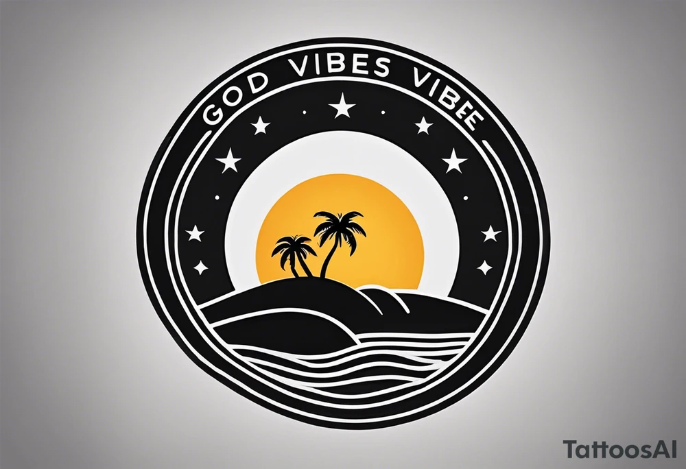 a minimalist tattoo of a sun and a palm tree with the words good vibes below it, make it only small and can fit in a circle. keep the sun and palm tree minimal as well and make it look like silhouettes use only lines tattoo idea