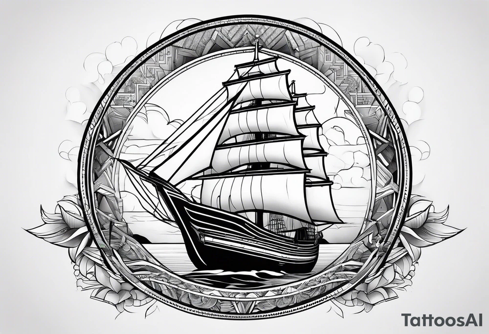 Ship with a Phoenix in the background. Geometric design layered through the design tattoo idea