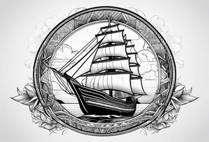 Ship with a Phoenix in the background. Geometric design layered through the design tattoo idea
