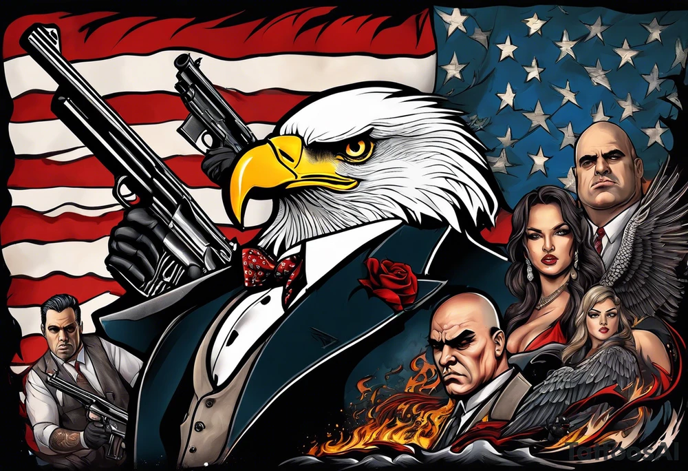 capone style gangsters battling with machine guns against a dark flame background with an angry eagle swooping in with american flag and sexy women tattoo idea