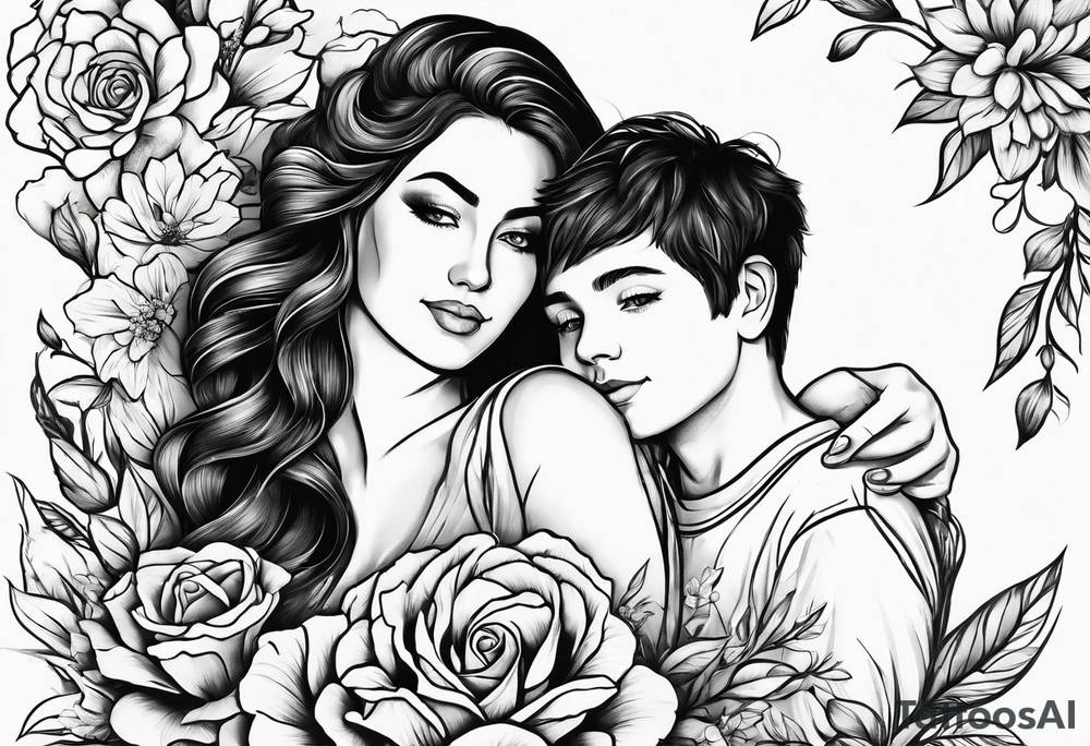 Mom and son , herts and flowers tattoo idea
