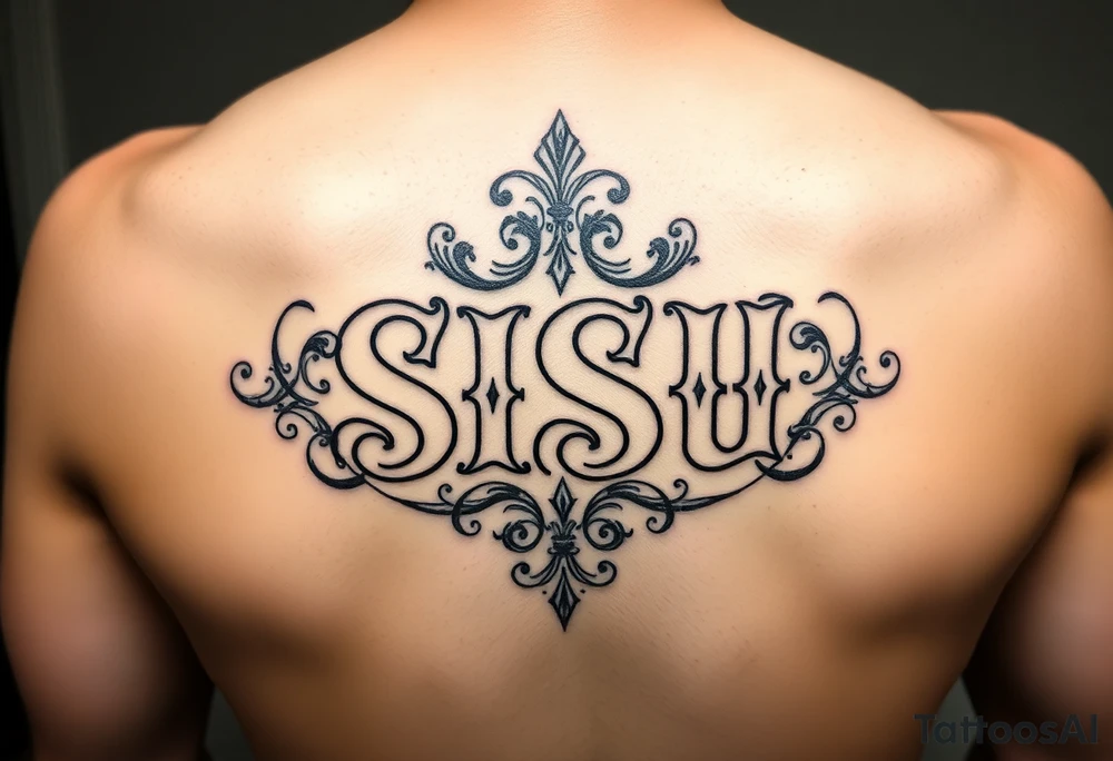 the word 'SISU' using chicano lettering style and filigree designs surrounding the word tattoo idea