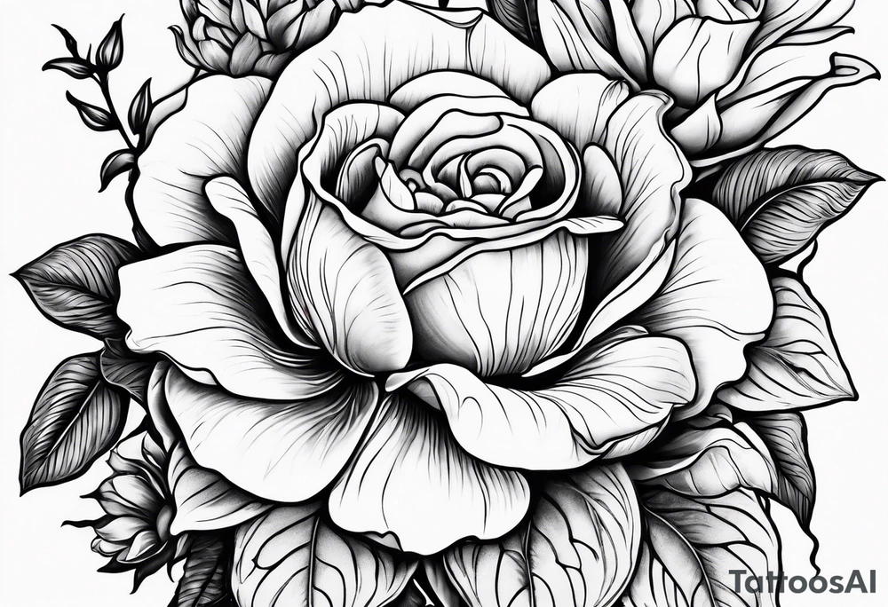 Floral design with 1 rose, lilac, magnolia, Azalea, Lisanthus, sunflower tattoo idea