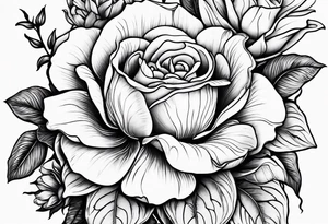 Floral design with 1 rose, lilac, magnolia, Azalea, Lisanthus, sunflower tattoo idea