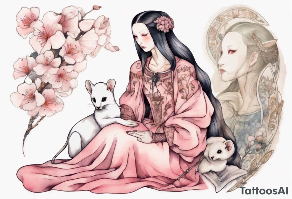 a pink ermine sitting on the lap of a beautiful medieval woman tattoo idea
